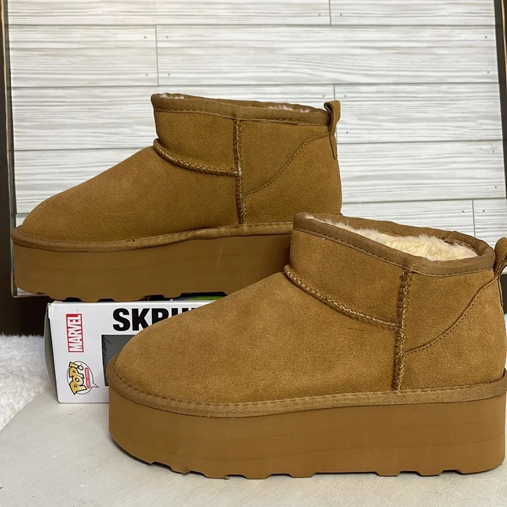Brown Platform Mini Boot Short Ankle Fur Fleece Ultra Platform Anti-Slip…
